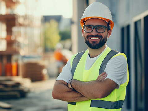 Trabajador de la construcci&oacute;n sonriente con equipo de seguridad en el sitio de construcci&oacute;n con los brazos cruzados