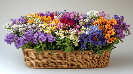 Colorful wildflowers arranged in wicker basket on neutral background