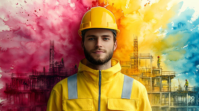 Confident Engineer Posing, Watercolor Construction Background