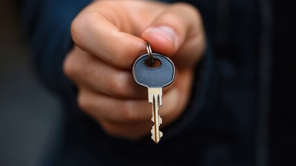 Person holding a single key in their hand. Close-up of a hand holding a metal key, symbolizing security, access, or ownership