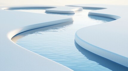 Abstract winding river in snow, minimalist winter landscape.