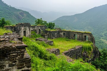 An ancient ruined fort in the mountains.