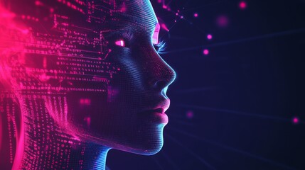 Fototapeta premium Futuristic face of a woman with binary code and glowing lines, vector design. 