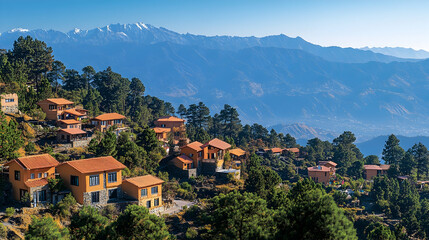 Obraz premium Hillside village homes, mountain panorama, sunny day