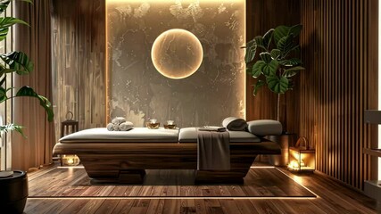 Massage room in a spa salon featuring a relaxing ambiance with soft lighting, a massage table, and soothing decor.