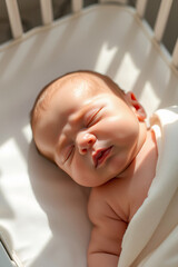 Peaceful newborn sleeping in soft light. AI image