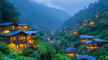 Fototapeta premium Illuminated mountain village at dusk, nestled in valley