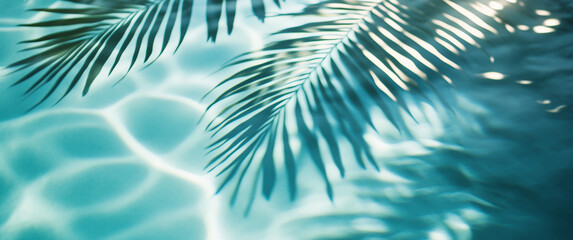 The beautiful leaves of a tall palm tree are reflected in the calm water