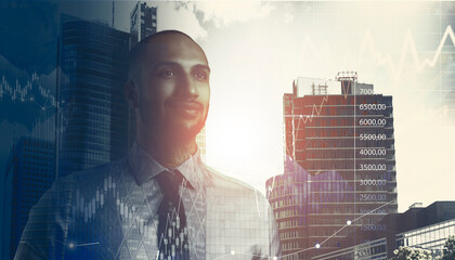 Business success. Multiple exposure of man, graphs and cityscape