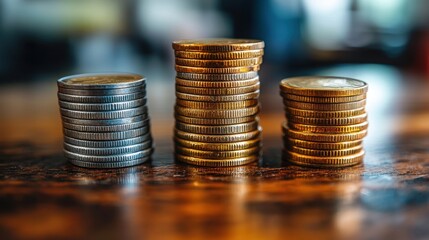 Gold and silver coins stacked on a wooden surface, representing investment growth, savings, and financial success