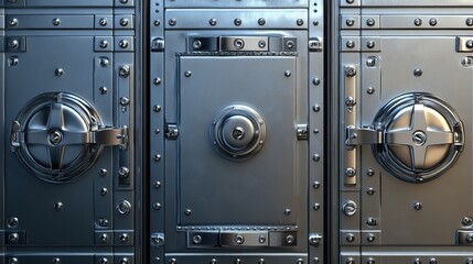 Set of realistic safe locker doors with chrome steel vaults for security, 3D illustration.