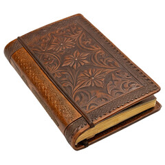 Obraz premium Old Leather Journal with Embossed Pattern, PNG with Transparent Background: Perfect for Writing, Vintage Stationery, Memories, Travel Notes, Antique Books, and Retro Aesthetic Concepts.