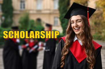 Scholarship. Happy students at graduation ceremony outdoors, selective focus