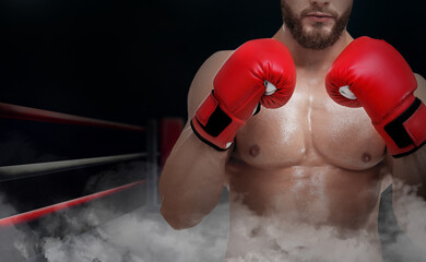 Boxer wearing red gloves on boxing ring in smoke, closeup. Space for text
