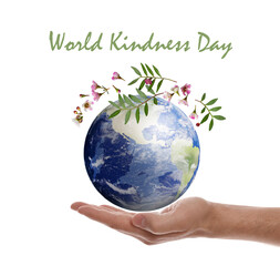 World Kindness Day. Man holding Earth globe and flowers on white background