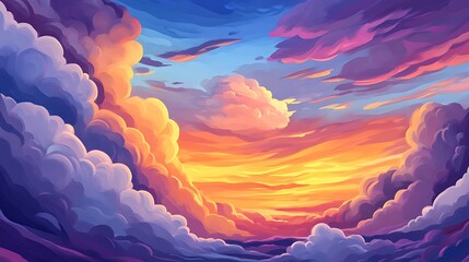 Vibrant Sunset Cloudscape: A Digital Painting of Evening Sky Hues AI Generated