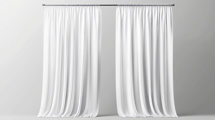 White curtains isolated on a transparent background, hanging on a metal rod