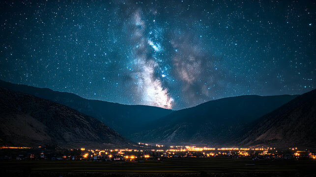 Milky Way rises over illuminated mountain valley at night