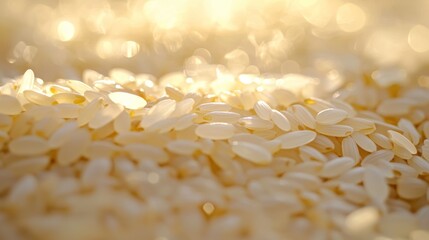 Close-up of uncooked white rice grains illuminated by sunlight.