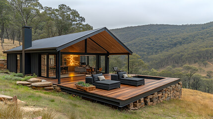 Modern hillside cabin with deck overlooking valley