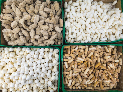 Different types of qurut in boxes on the counter of an Asian market, directly above view. Qurut - is a fermented dried hard yogurt balls, traditional meal in Central Asia