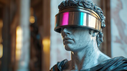 Futuristic ares classical war god in a neonreflective visor