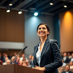 Una ejecutiva hispana está parada en el podio y dando un discurso con una expresión brillante.