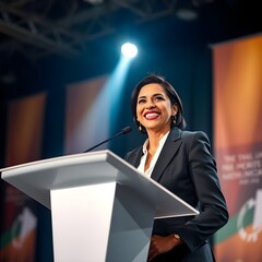 Una ejecutiva hispana está parada en el podio y dando un discurso con una expresión brillante.