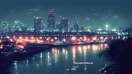 Fototapeta premium Night cityscape reflection, waterfront, urban lights