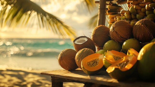 Tropical fruits on beach stand at sunset.