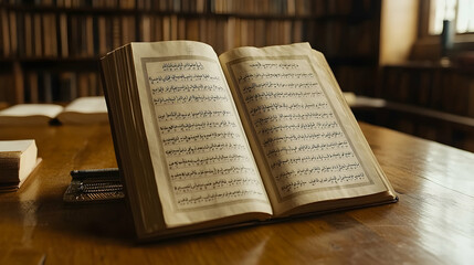 Open Quran on library table, bookshelves background