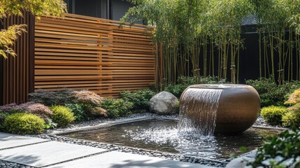 Naklejka premium Serene Japanese garden with wooden fence and bamboo fountain