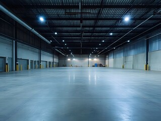 Fototapeta premium Empty Industrial Warehouse: Expansive interior shot of a modern warehouse, with high ceilings, concrete floors, and loading docks, bathed in the ambient glow of overhead lighting.