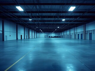 Warehouse: A large, empty industrial warehouse with a concrete floor and high ceilings, illuminated by overhead fluorescent lights.