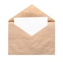 Envelope with card isolated on white, top view. Mockup for design