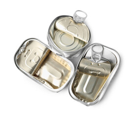Three crumpled tin cans isolated on white, top view