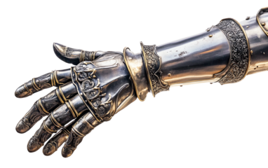 Knights Gauntlet Firmly Gripping a Sword Hilt in Striking Detail Isolated on transparent background.