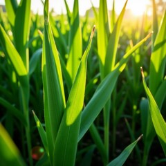 Obraz premium Early morning sunlight illuminates green corn stalks, with gentle ripples in the dew-kissed field, blue sky, dawn