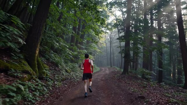 A video captures a runner in a red shirt on a forest trail, with sunlight streaming through trees. Shot from behind at a low angle, emphasizing motion.