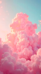 Fototapeta premium Above Dreamy Pink Cloudscape. Big fantasy cumulus sugar cotton pink pastel cloud in blue sky. Amazing background. Dreamlike Atmosphere. Soft gradient Backdrop. Sunny weather. High quality photo.