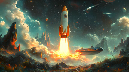 Obraz premium Rocket launching from alien planet, submarine observing