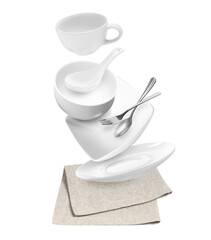 Clean dishware and silverware flying over napkin on white background