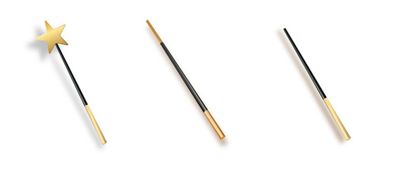 Realistic magic wand with set isolated on transparent background. Vector