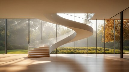 Fototapeta premium Modern spiral staircase in a spacious, sunlit, contemporary home with a garden view