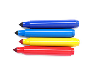 Many colorful markers isolated on white, top view