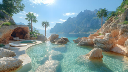 Secluded cove pool, sunny Mediterranean escape