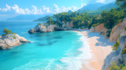 Obraz premium Secluded cove beach, turquoise water, sunny day, coastal cliffs