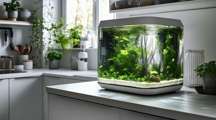 Modern Scandinavian kitchen with a crystal clear aquarium and minimalist decor
