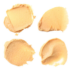 Yummy nut butter. Samples isolated on white, set. Top view