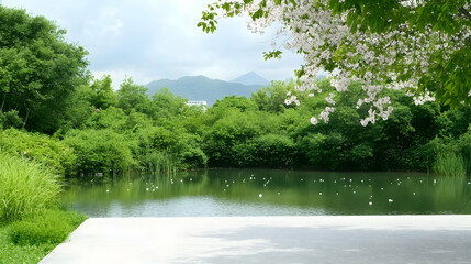 Serene Lakeside Park View with Blossoming Tree